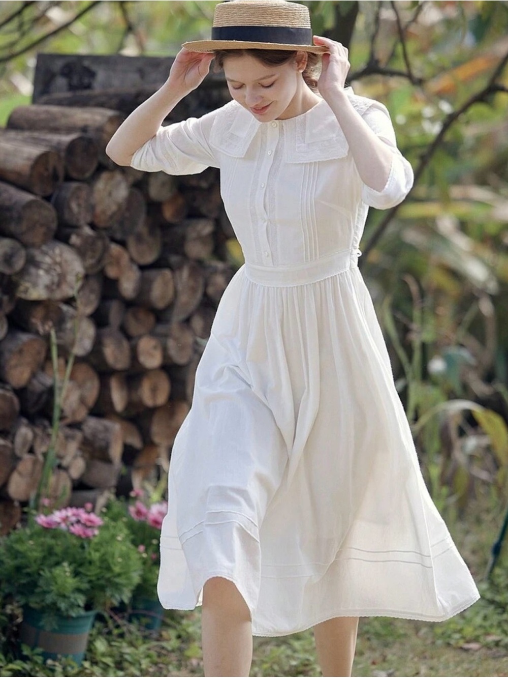 Simple Retro Vintage - Inspired Classic White Dress with Sailor Collar - Size S